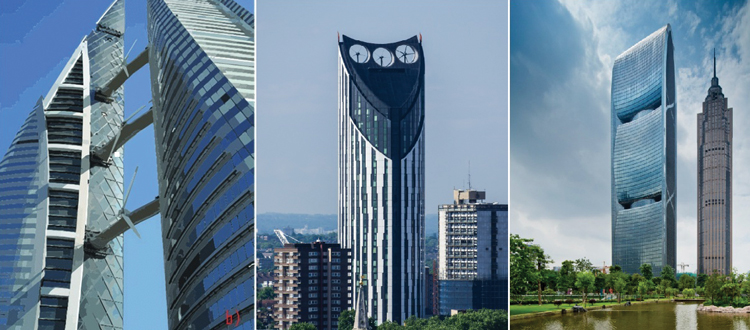 Figure 1. Three famous towers with integrated wind turbines three towers with WT