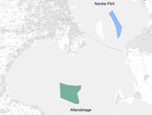 Map of the possible areas for the Nordre Flint and Aflandshage offshore wind projects